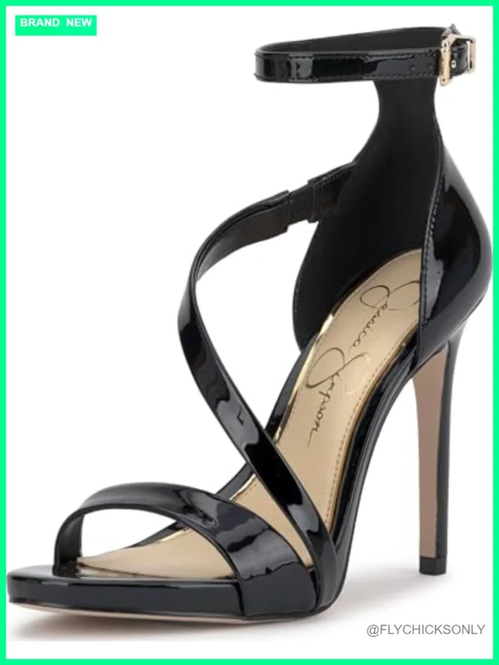Stiletto Heeled Sandals with Ankle Strap and Buckle Closure in Black Super
